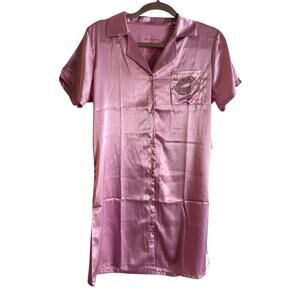 NWT Betsey Johnson Pink Satin Lounge Sleep Dress Button Up Rhinestones Size M